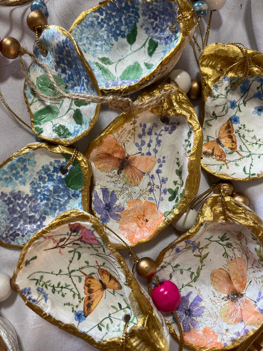 Oyster Shell Ornaments Blue Hydrangea and Orange Butterflies