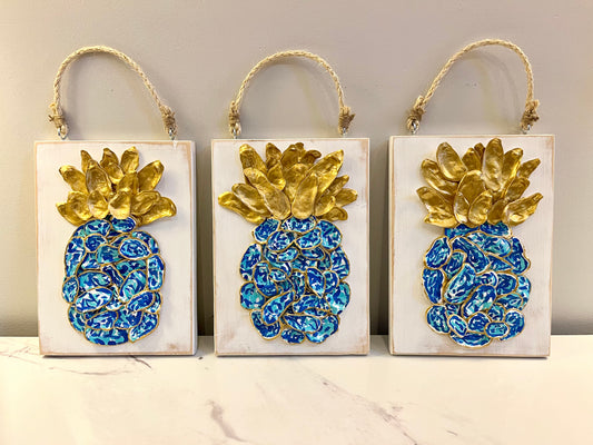 Blue and Gold Hand-Painted Pineapple Oyster Shells