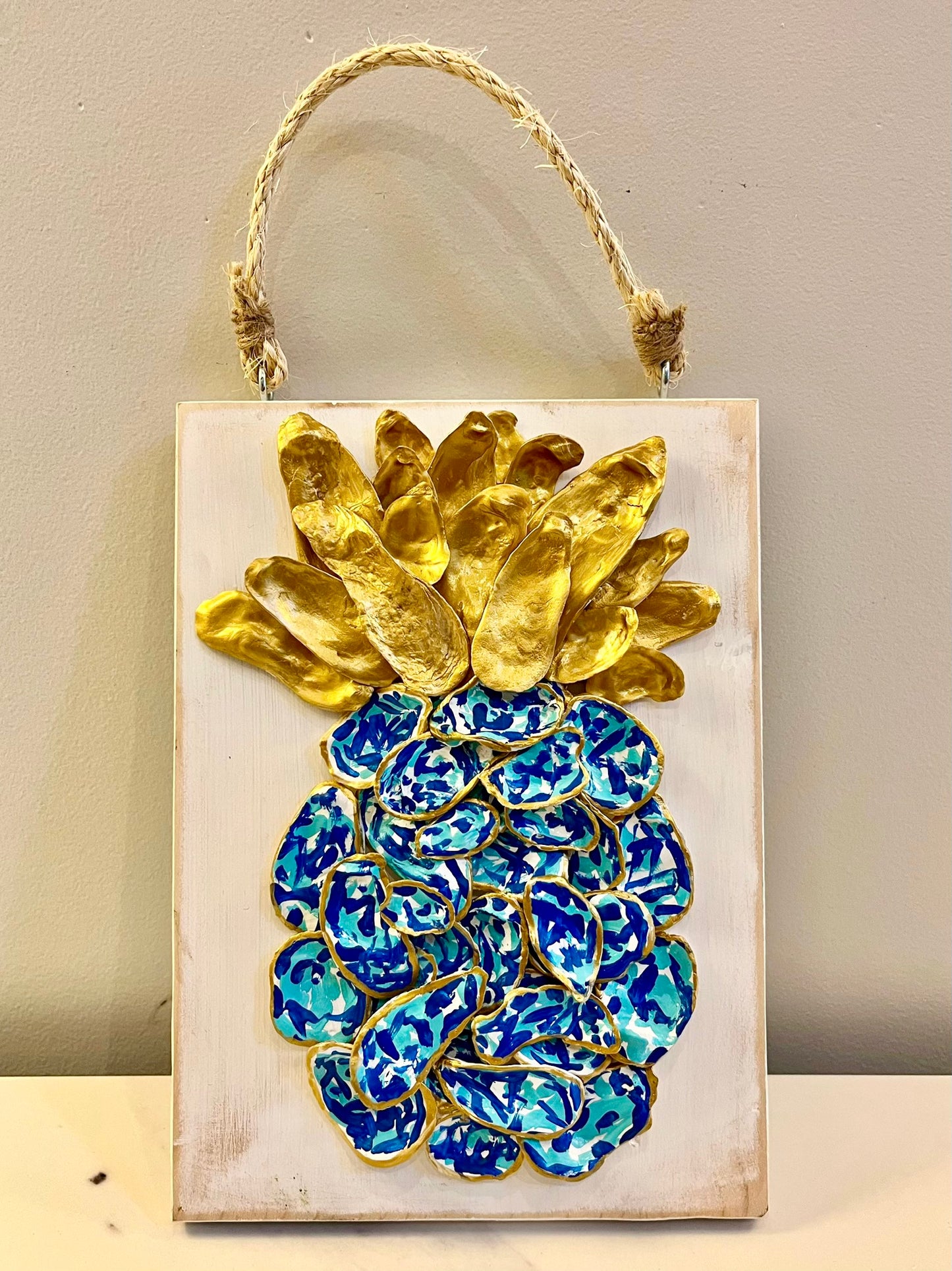 Blue and Gold Hand-Painted Pineapple Oyster Shells